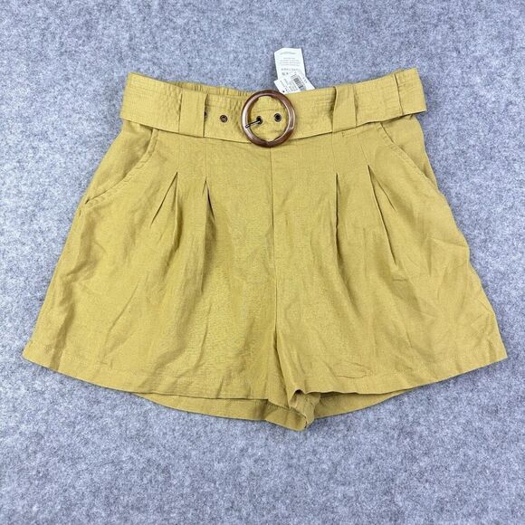 American Eagle Linen Blend Shorts Women S Mustard Yellow Belted Pleated Boho NEW - Picture 1 of 12